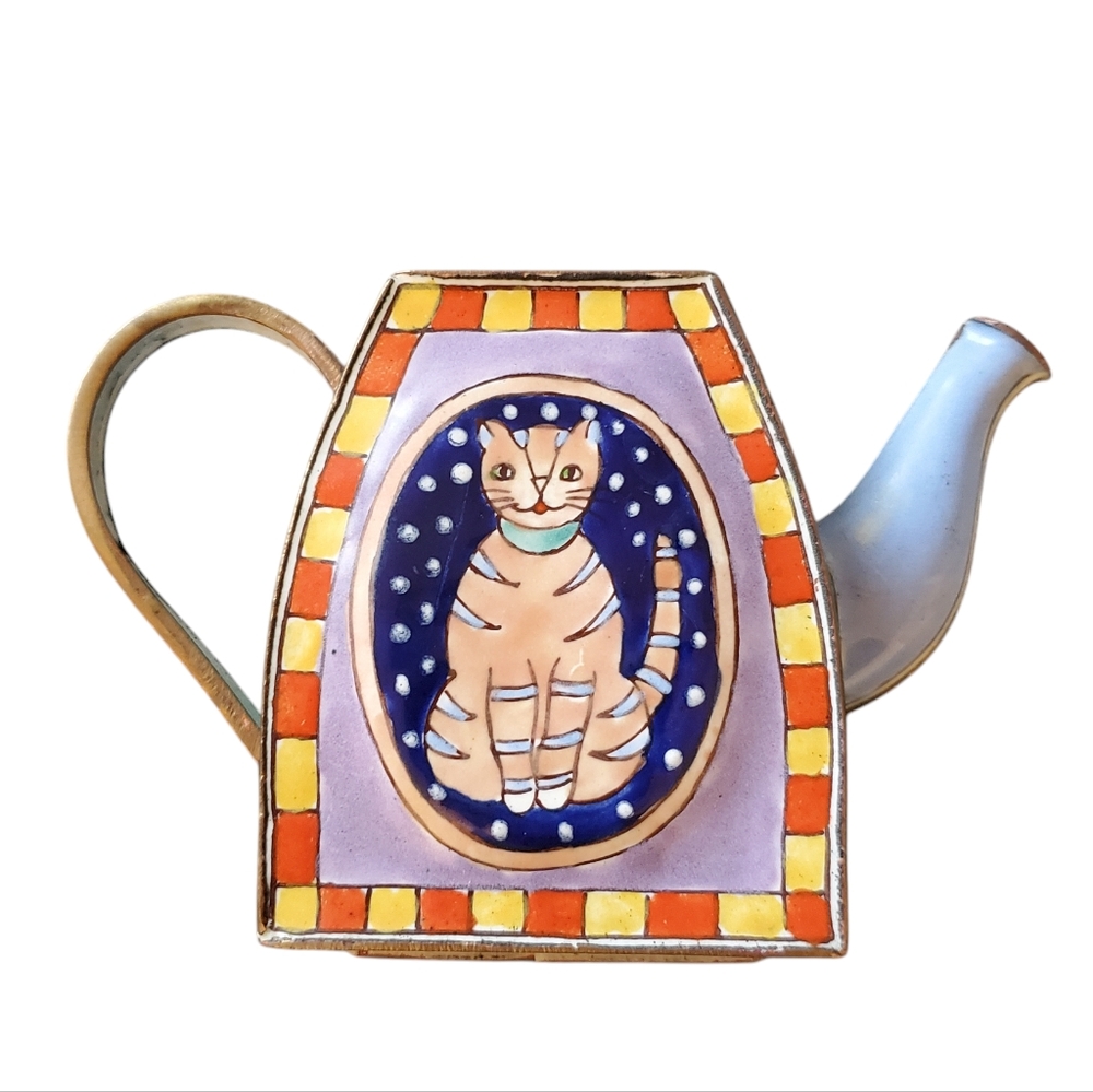 Vintage‎ Miniature Brass Enamel Whimsy Cat Teapot No Lid